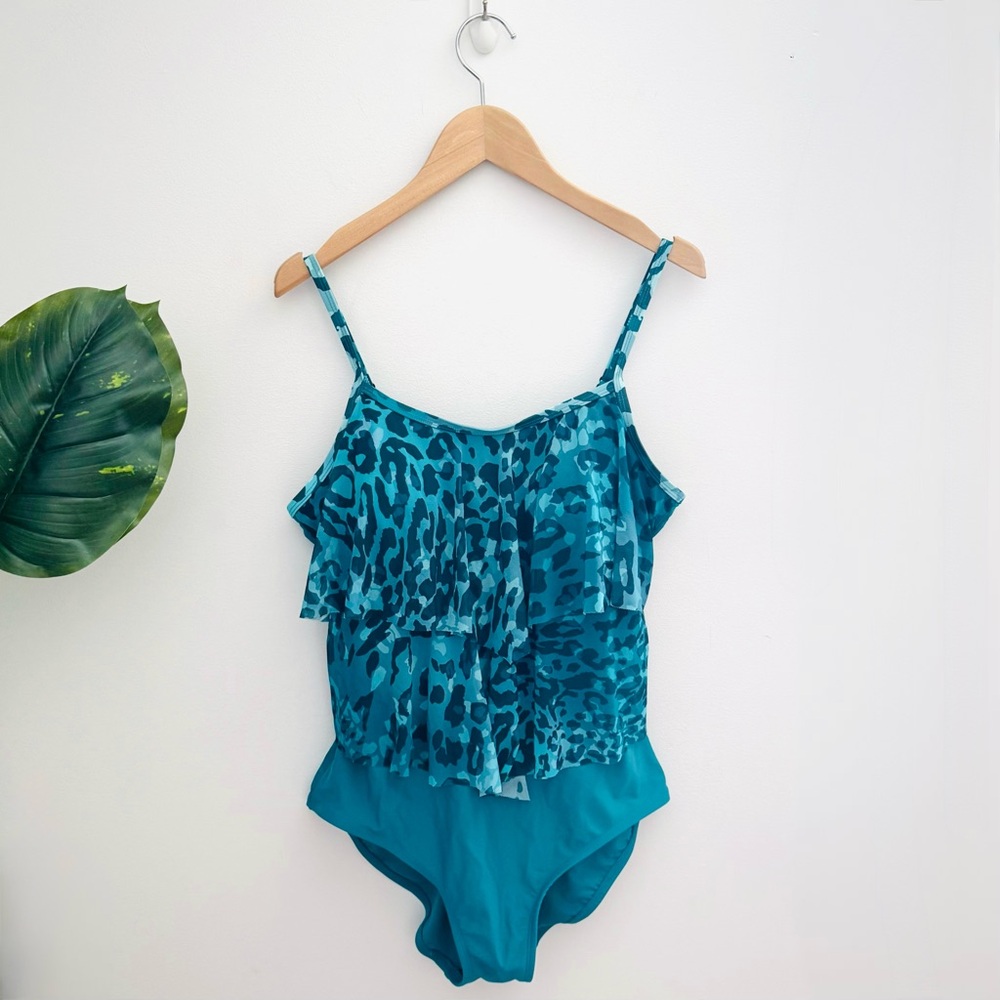 KRISTA | Leopard Print Ruffle One-Piece Swimsuit Size Large
